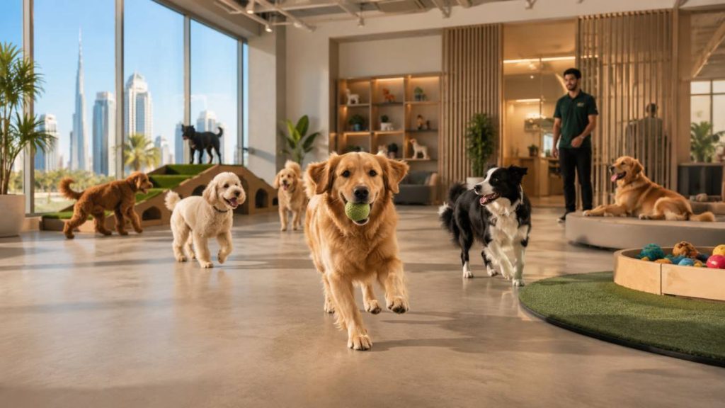Happy dogs playing under supervision in a modern Dubai dog daycare facility, with enrichment equipment and a professional staff member nearby.